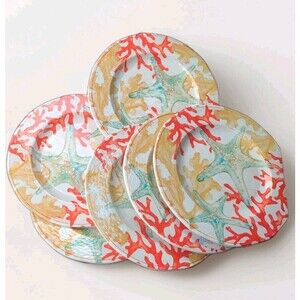 Set (6) Unmarked Brand Ocean Coral Starfish Melamine Salad Plates 9.5" New